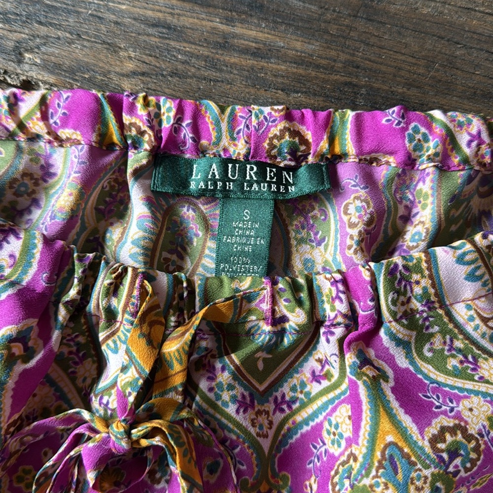 Ralph Lauren poly purple & green paisley side ruched casual pants EUC size S - Picture 9 of 11